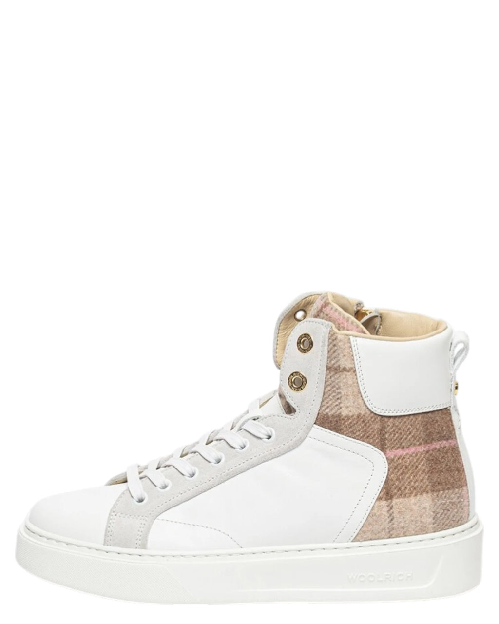 Women's High Top Sneakers in White Leather and Beige Fabric with Side Zip