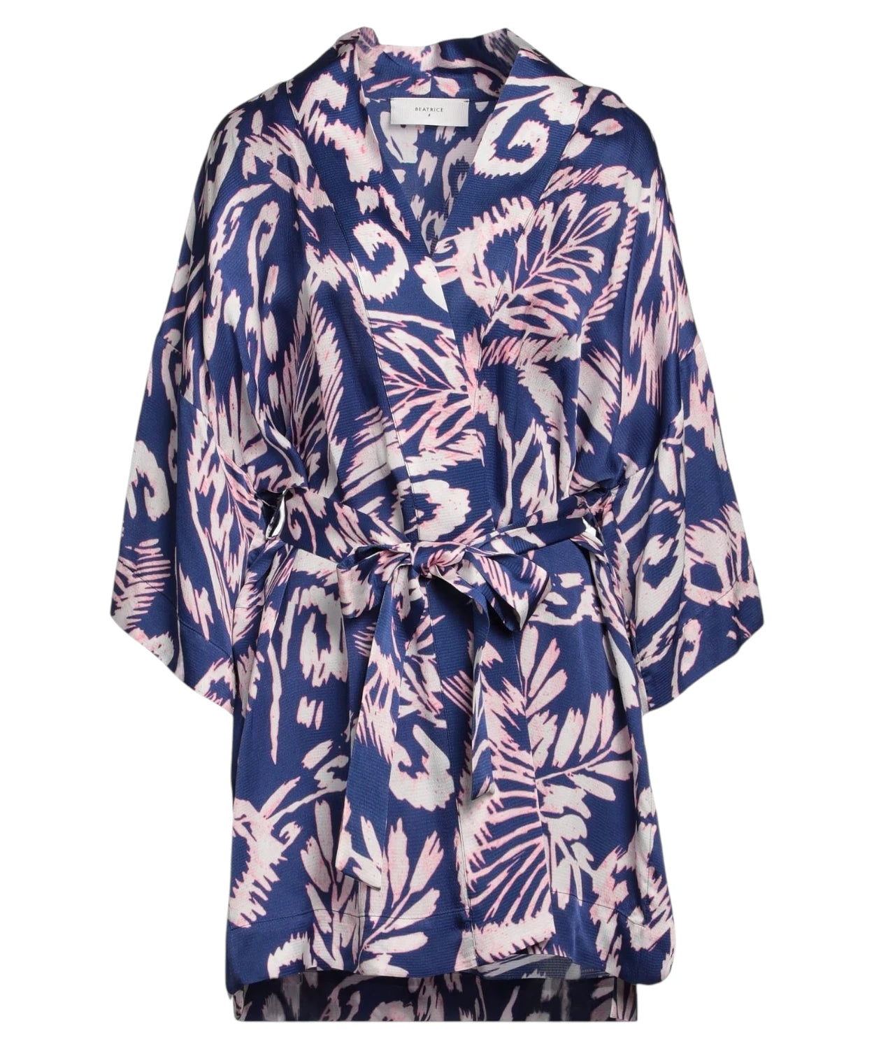 Kimono corto in raso fantasia floreale con cintura e maniche 3/4-Beatrice B-Maglieria-Vittorio Citro Boutique