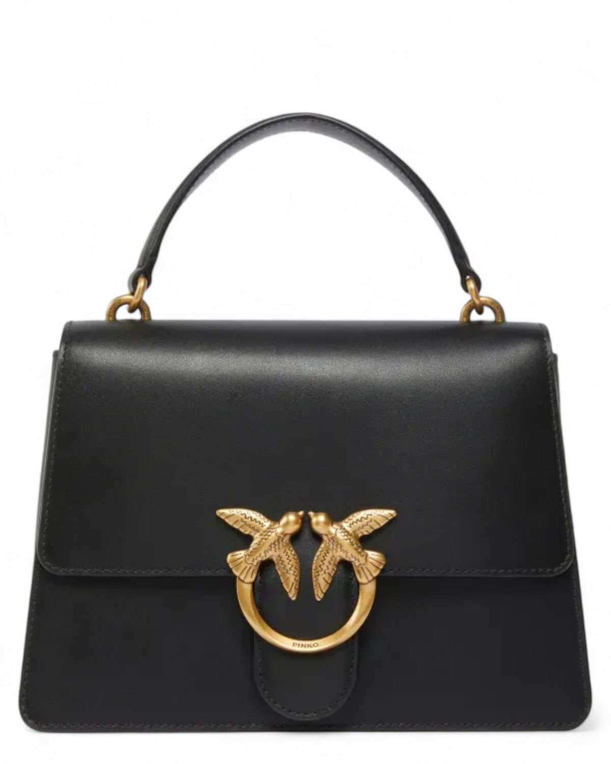 Borsa Pinko Classic Love Bag Mini Pelle Top Handle nera con manico rigido e chiusura con fibbia dorata a rondini, stile elegante e compatto.
