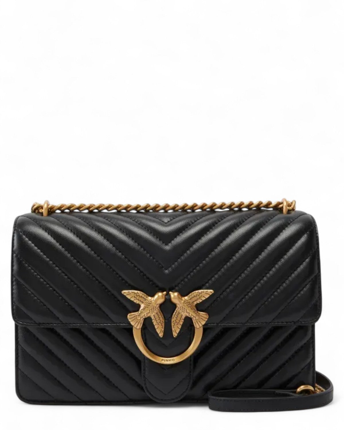 Love Bag Nappa Chevron con Tracolla - Pinko in pelle nera con motivo chevron e fibbia dorata Love Birds, perfetta come borsa a spalla elegante.