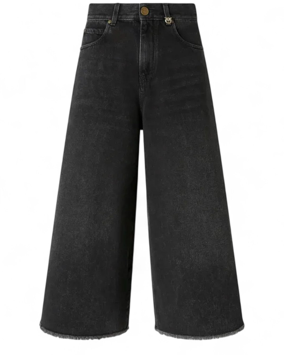 Bermuda denim nero Pinko con gamba ampia, effetto used e logo Love Birds su tasca frontale. Orlo sfrangiato per un look anni ’70.