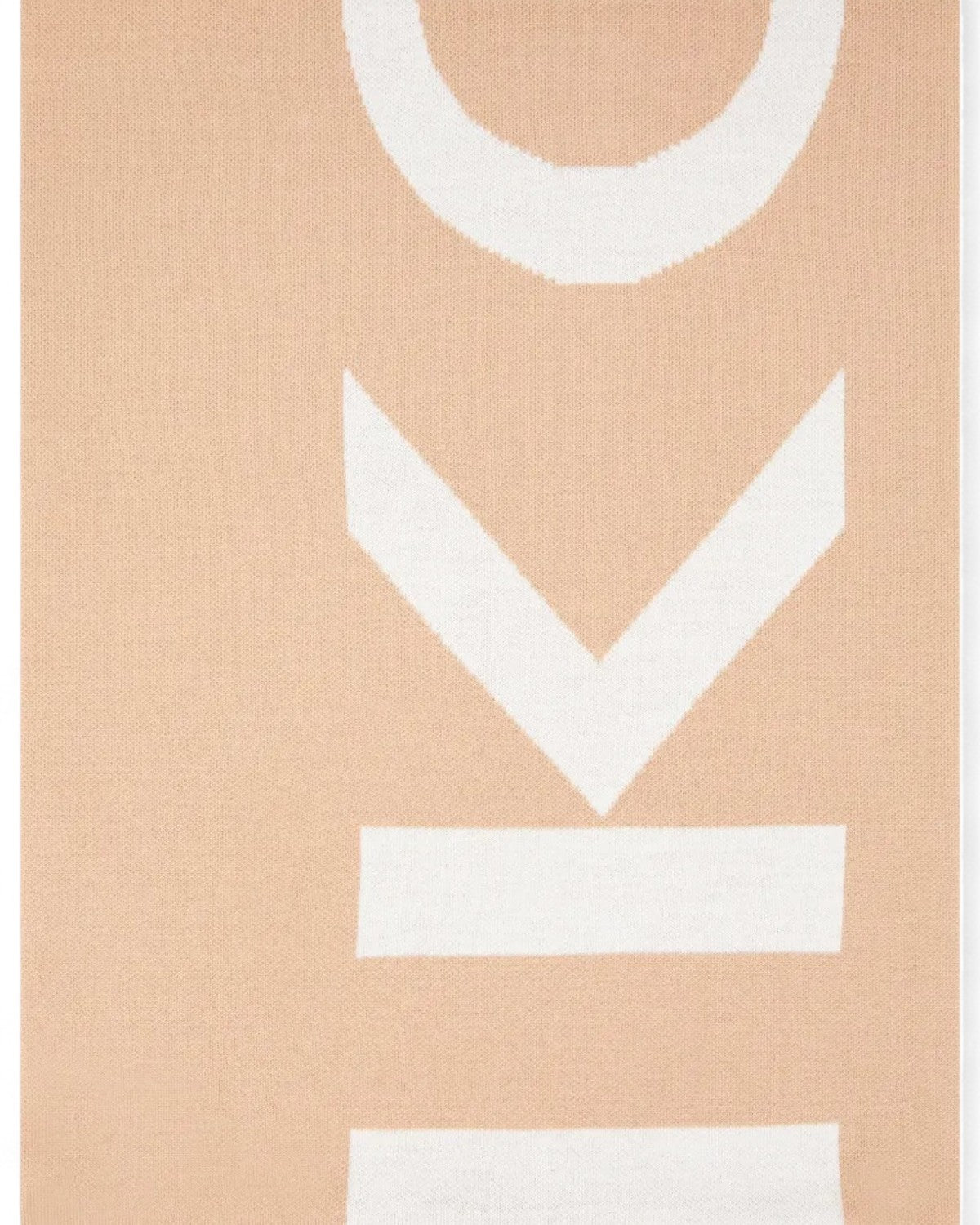 Sciarpa lana Pinko con logo bianco su sfondo beige, dettaglio del motivo grafico verticale. Accessorio moda donna per l'inverno FW26.