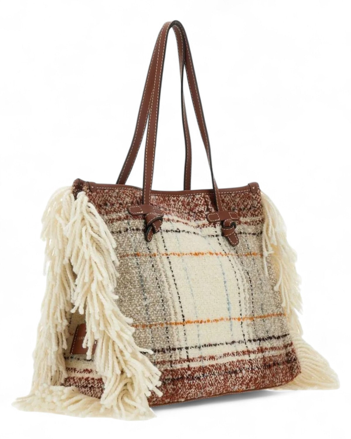 Borsa a spalla Marcella plaid con frange laterali, design Gianni Chiarini, perfetta per look eleganti autunno-inverno, struttura capiente e raffinata.