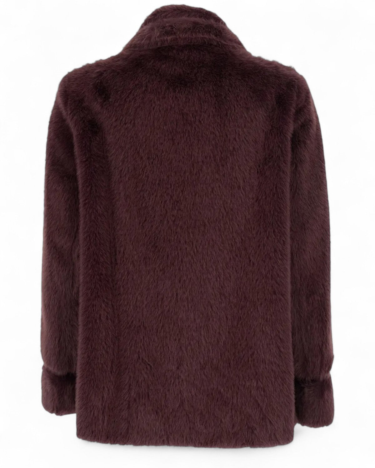 Retro della giacca doppiopetto Twinset in ecopelliccia viola, taglio dritto e finitura morbida per outfit eleganti e caldi.