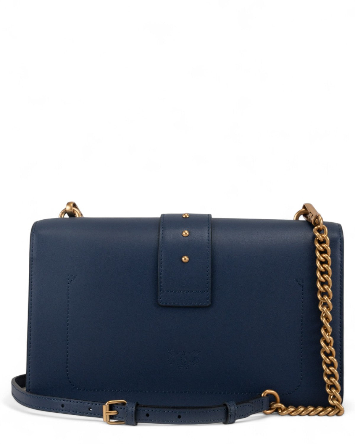 Retro della borsa Love Bag One Simply PINKO in pelle blu con dettagli dorati e tracolla regolabile, stile raffinato per l'inverno.