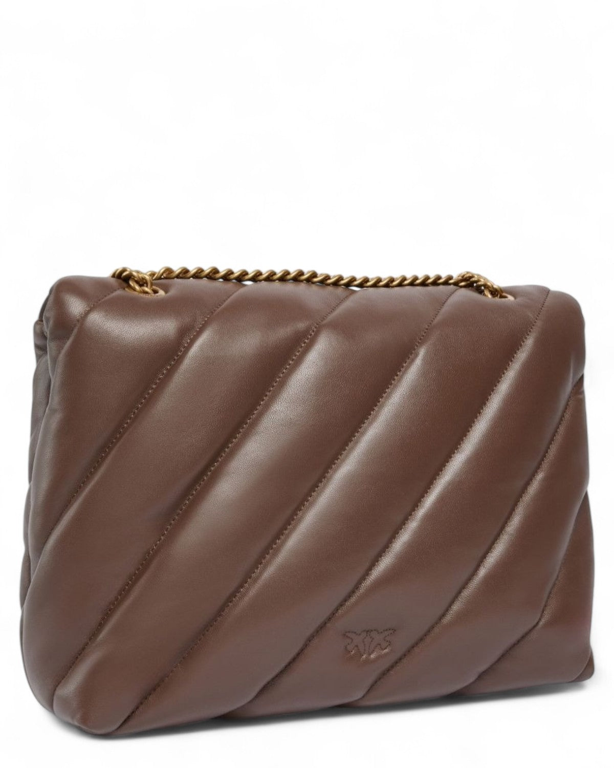 Retro della Borsa Puff Maxi Pinko in morbida pelle marrone con catena dorata e logo impresso, ideale per la collezione FW26 donna.