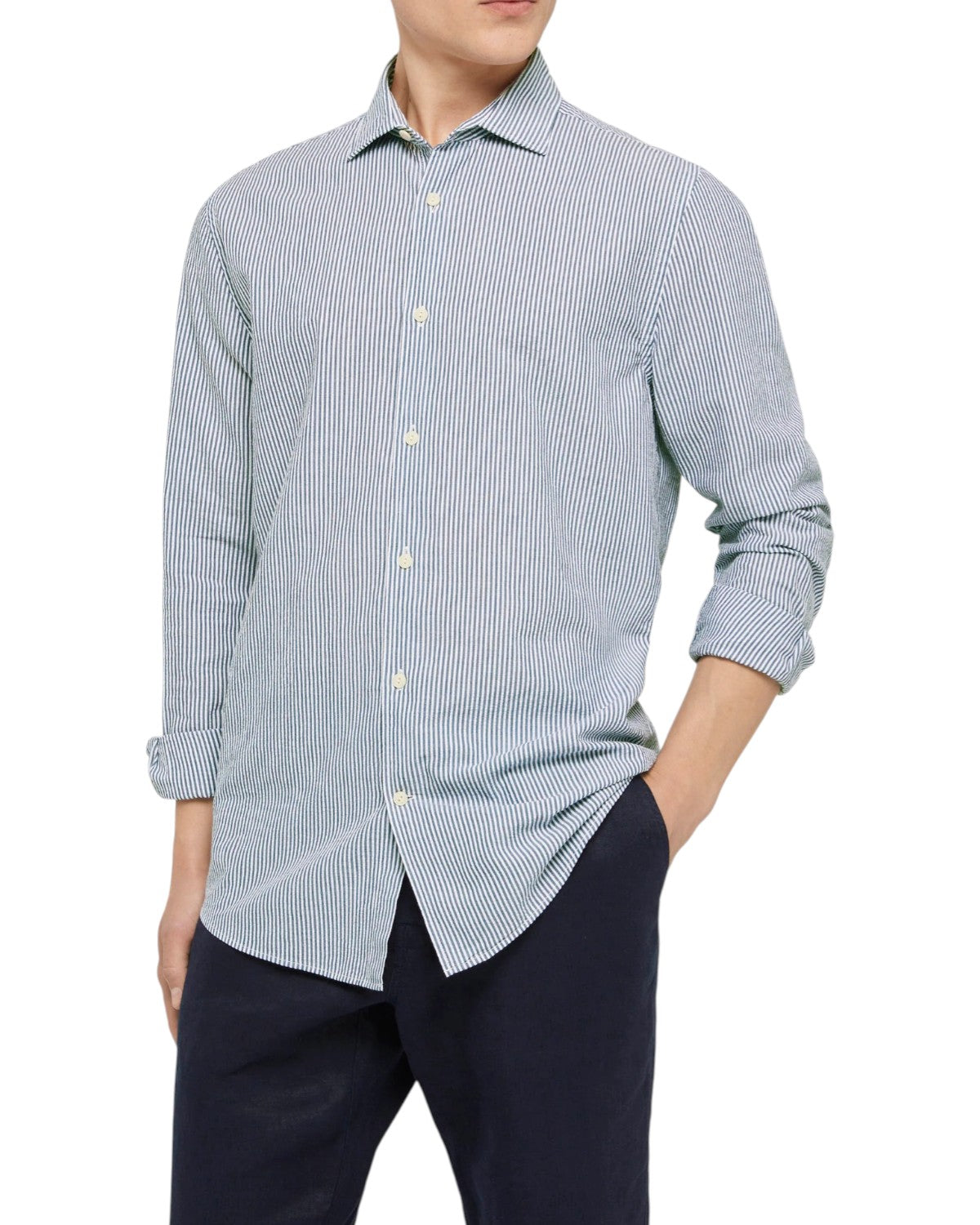 Camicia Pamplona in Cotone Seersucker a Righe Azzurre-Mc2 Saint Barth-Camicie-Vittorio Citro Boutique