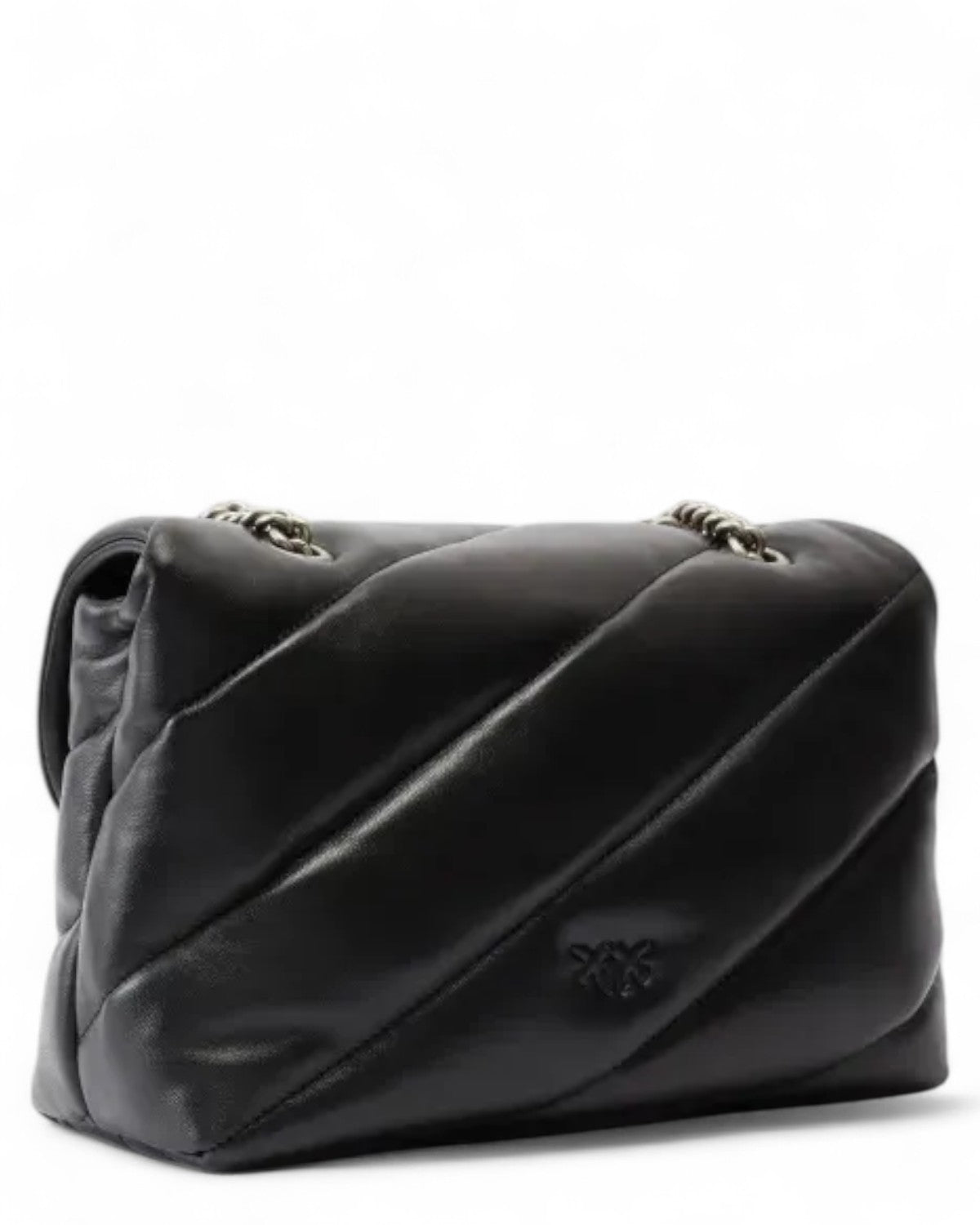 Retro della Borsa Love Puff in pelle nera con cuciture diagonali e logo impresso, ideale per uno stile sofisticato e moderno.