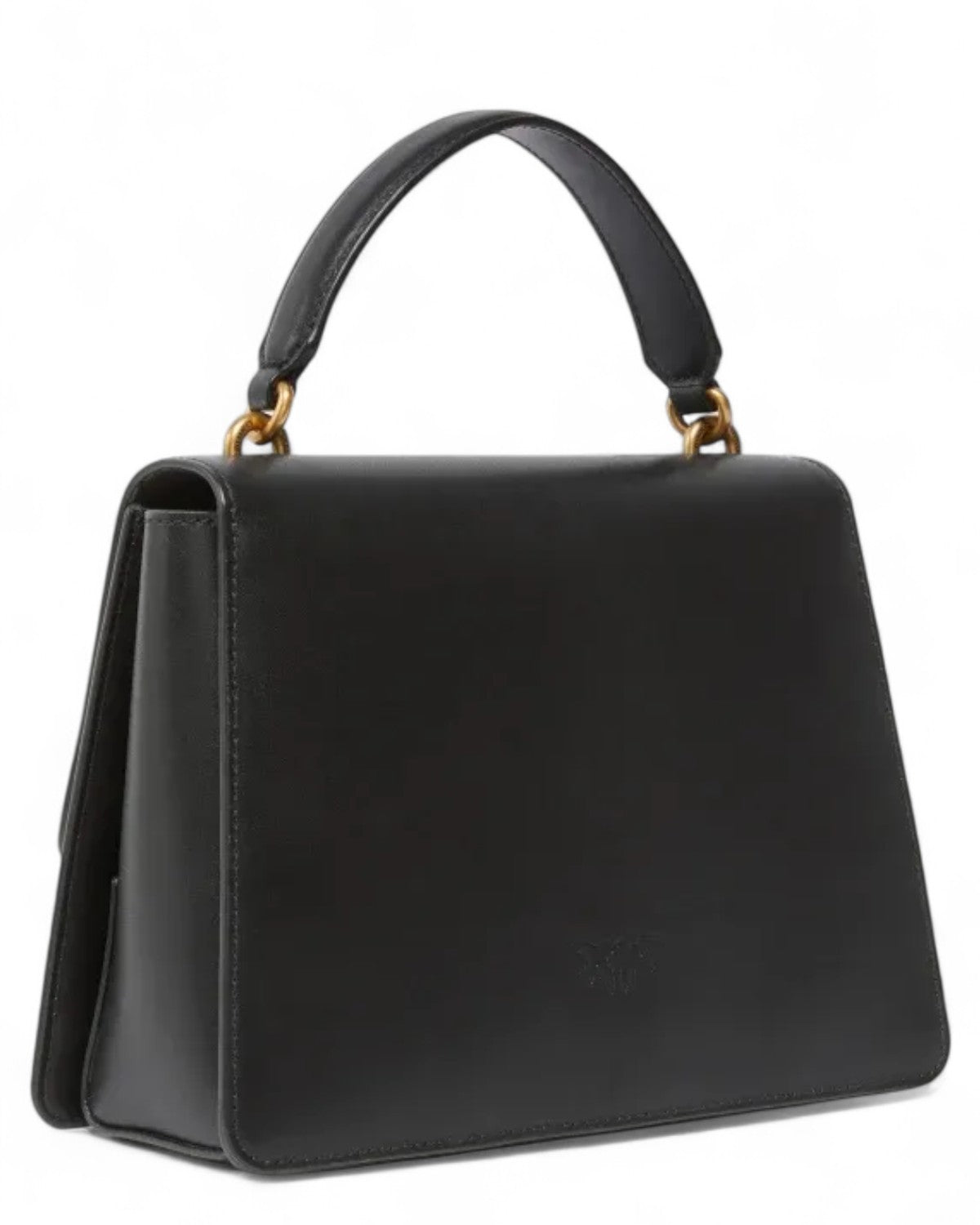 Retro della borsa Pinko Classic Love Bag Mini in pelle nera, design strutturato con manico superiore e logo inciso tono su tono.