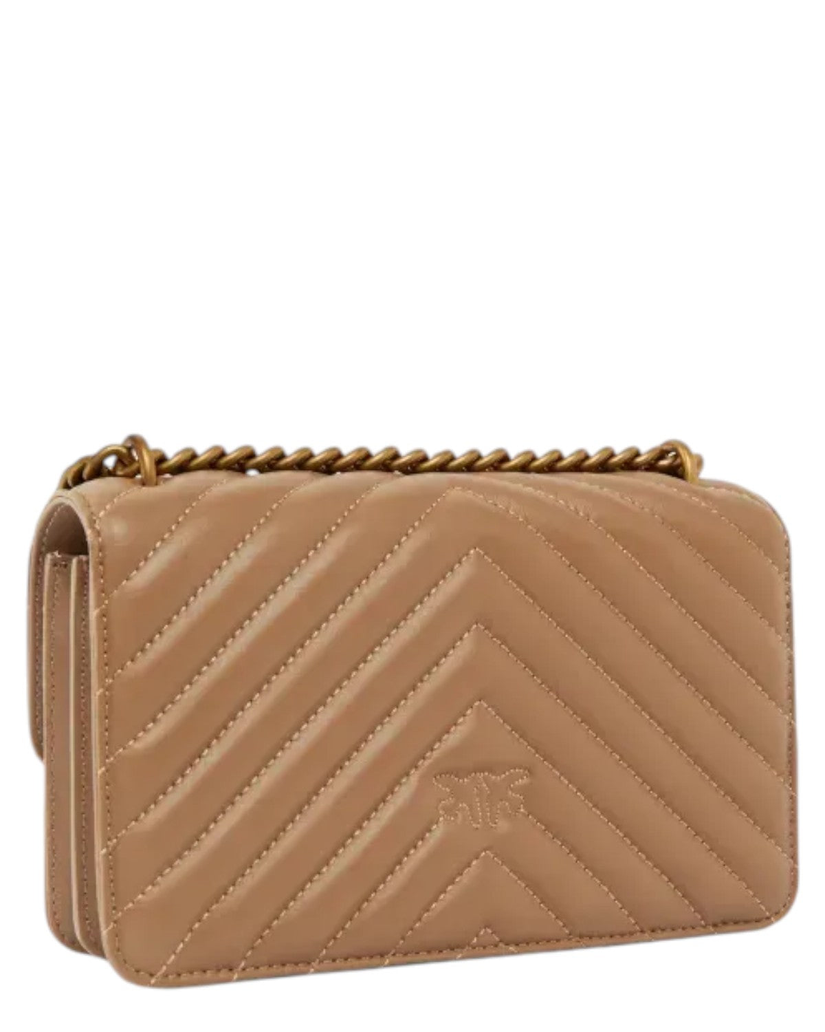 Retro della Mini Love Bag Chevron in nappa trapuntata beige con motivo a spina di pesce e logo impresso, ideale tra le borse a spalla da donna FW26.