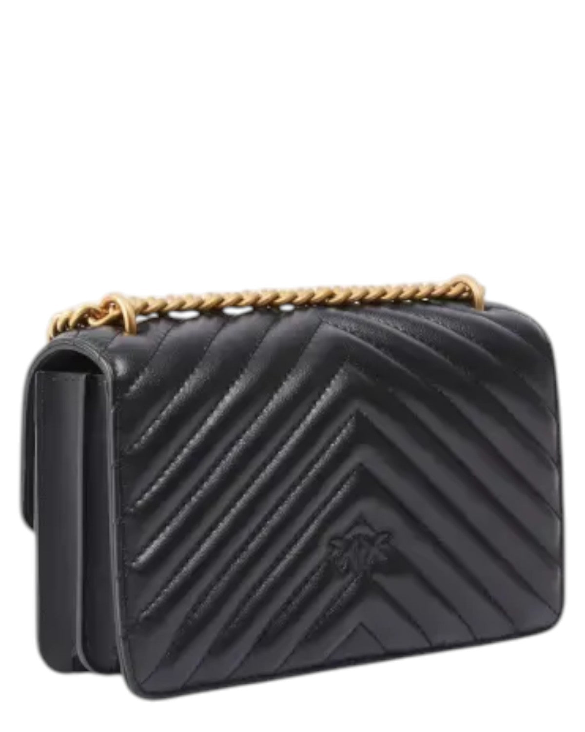 Retro della Mini Love Bag One Chevron in nappa trapuntata nera con motivo a V e logo inciso, ideale tra le borse a spalla da donna FW26.