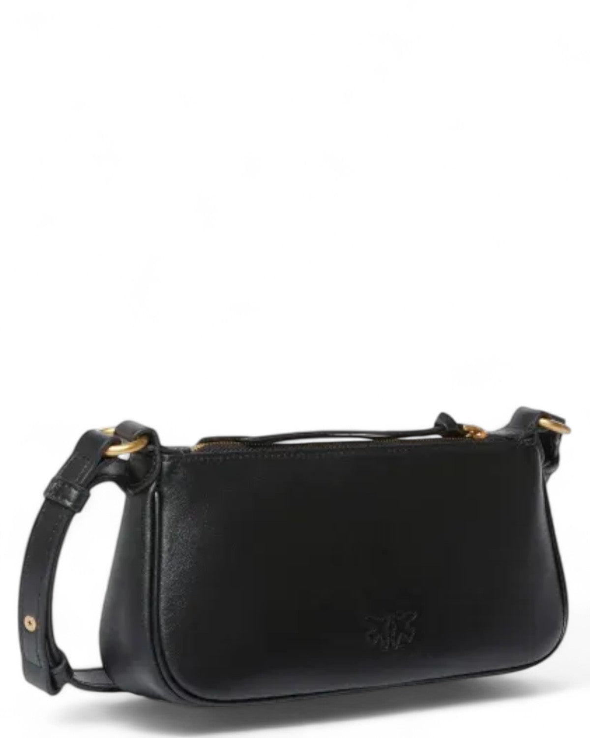 Vista laterale della Pinko Mini Half Moon Baguette in pelle nera, design compatto e raffinato con dettagli dorati e logo inciso sul retro.