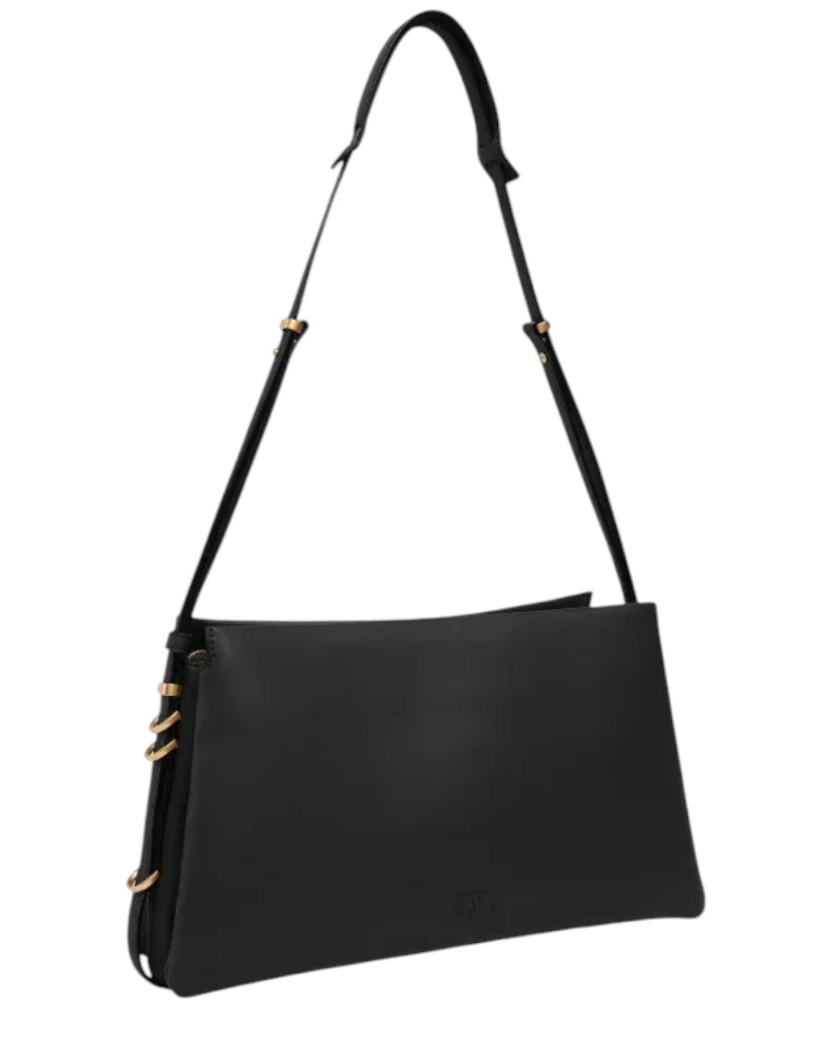 Borsa a spalla Pinko Triplet in pelle nera con tre soffietti laterali e dettagli dorati, ideale per outfit eleganti e pratici.