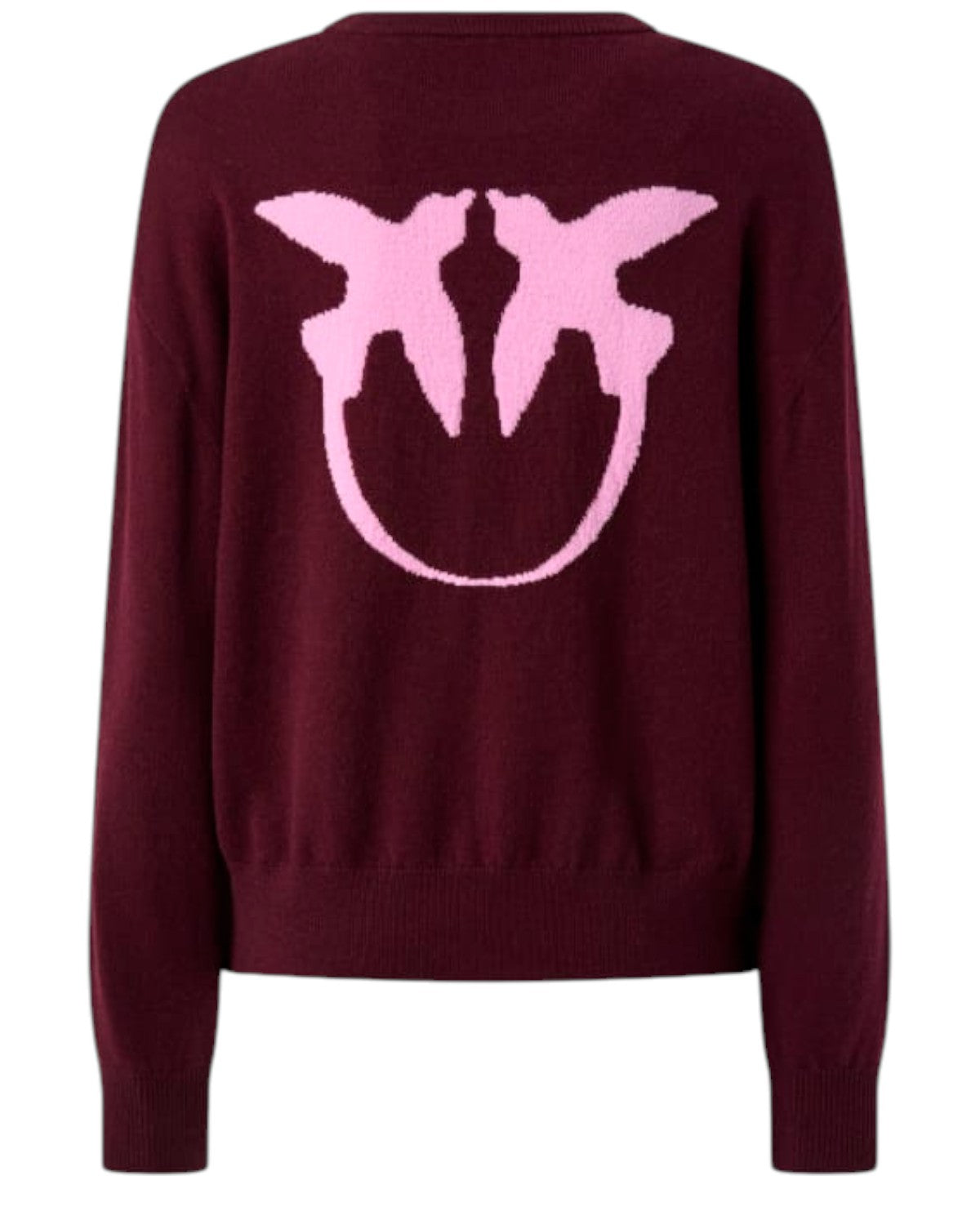 Retro del maglione Pinko in misto lana e cashmere con maxi logo Love Birds rosa, ideale per look donna invernali eleganti e confortevoli.