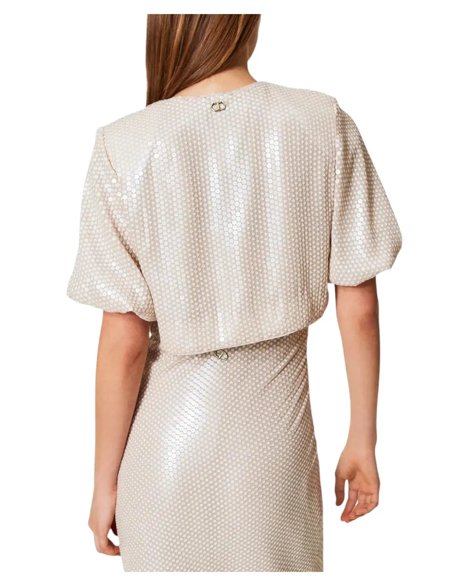 Coprispalle con paillettes beige e maniche corte-Twinset-Top-Vittorio Citro Boutique