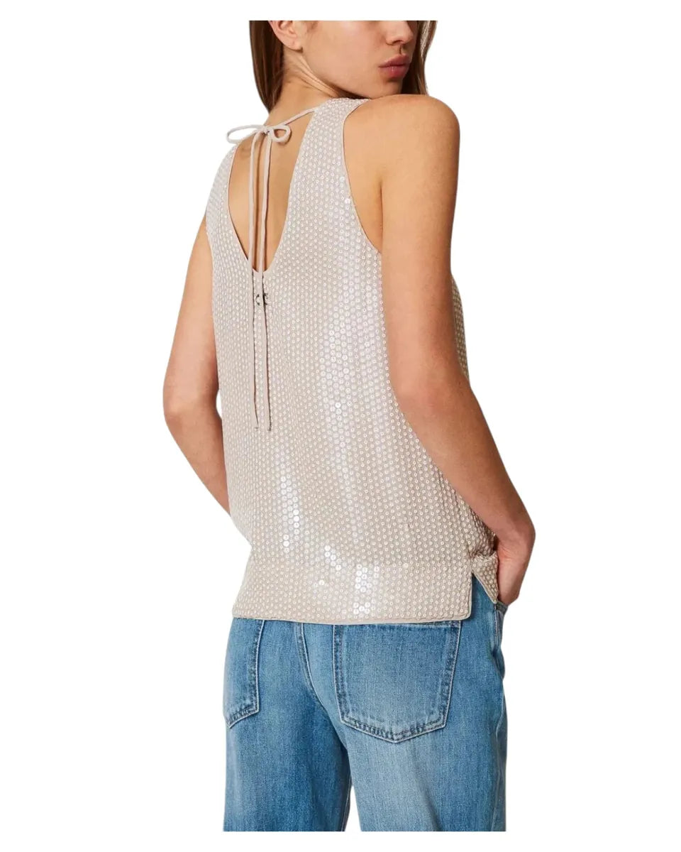 Top con paillettes beige e laccetti al collo-Twinset-Top-Vittorio Citro Boutique
