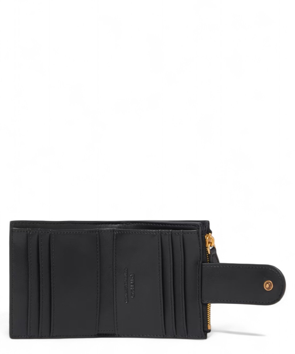 Interno del portafoglio Pinko piccolo in pelle liscia nera con scomparti per carte, tasca portamonete con zip e dettagli curati.
