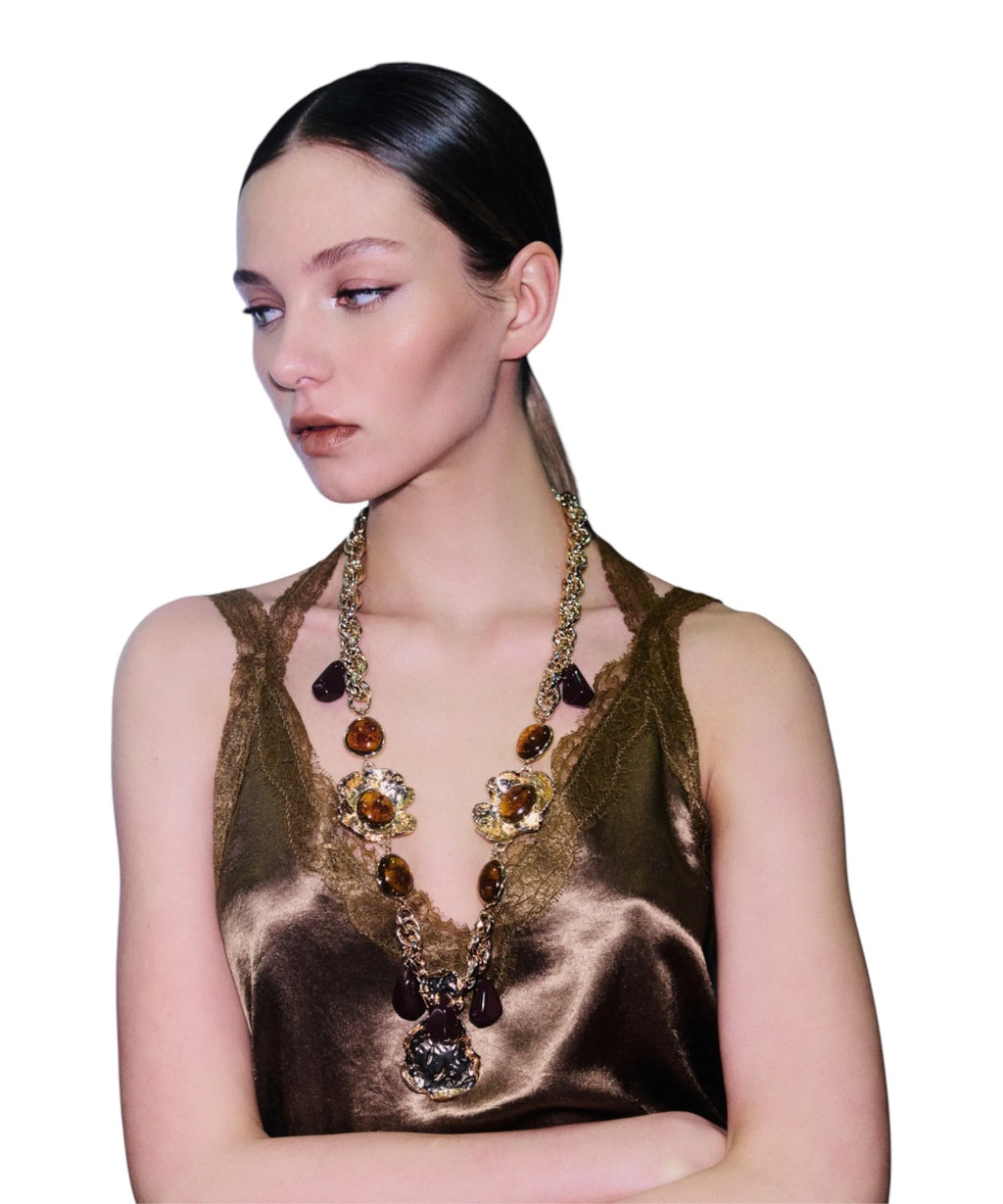 Collana Lunga Donna Dorata con Elementi in Resina