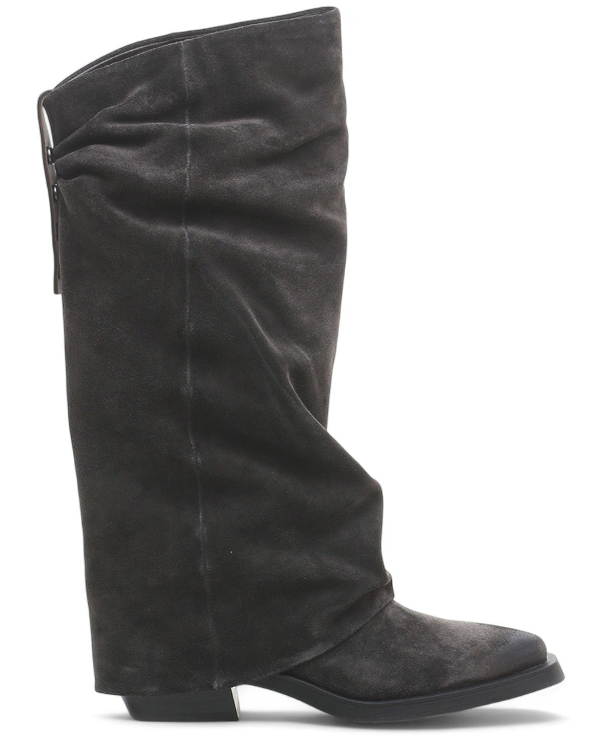 Stivale Liam in camoscio nero con tacco largo, altezza gambale 330 mm, perfetto per look invernali eleganti e casual.