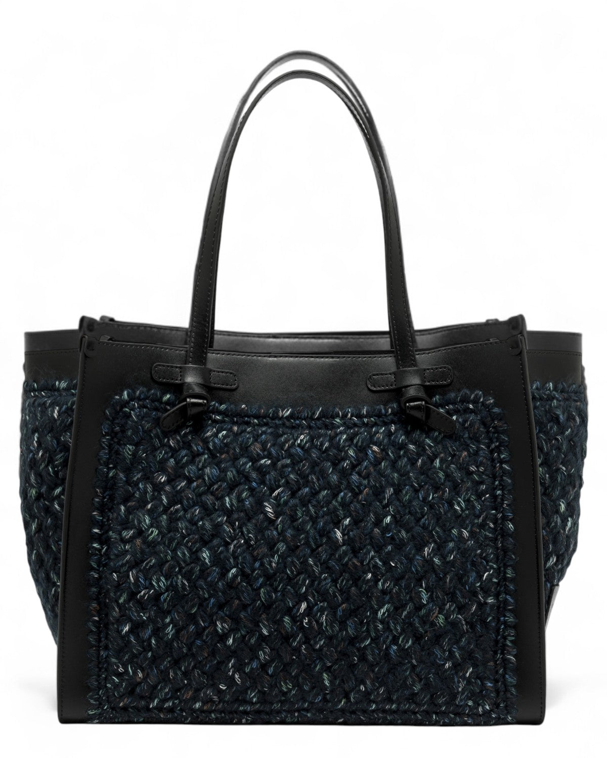 Borsa Marcella Gianni Chiarini in lana intrecciata blu con manici in pelle nera, perfetta per look eleganti e versatili invernali.