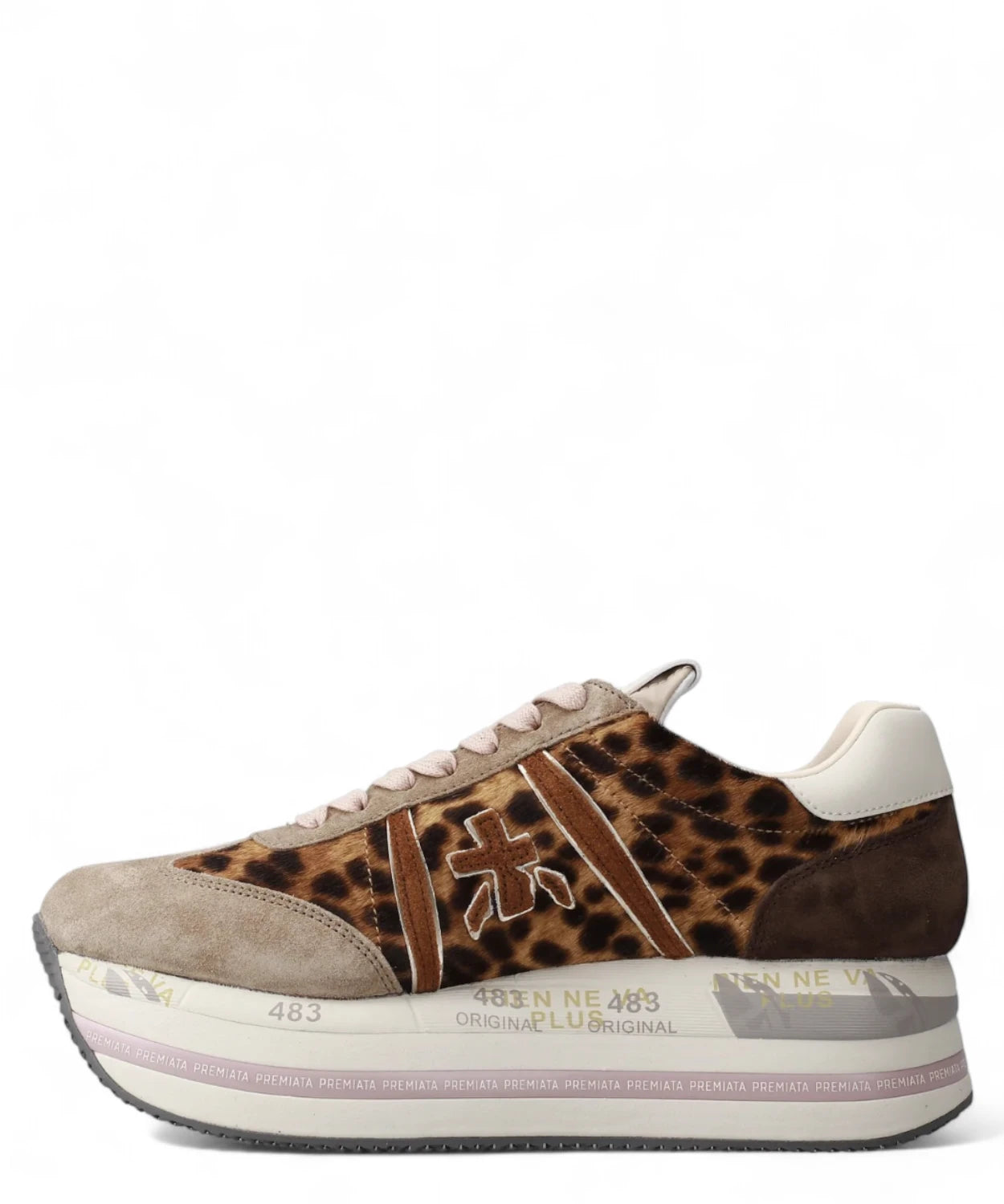Sneakers donna Premiata Beth 7741 con stampa leopardata e suola con logo, profilo laterale destro. Perfette per uno stile urbano sofisticato.
