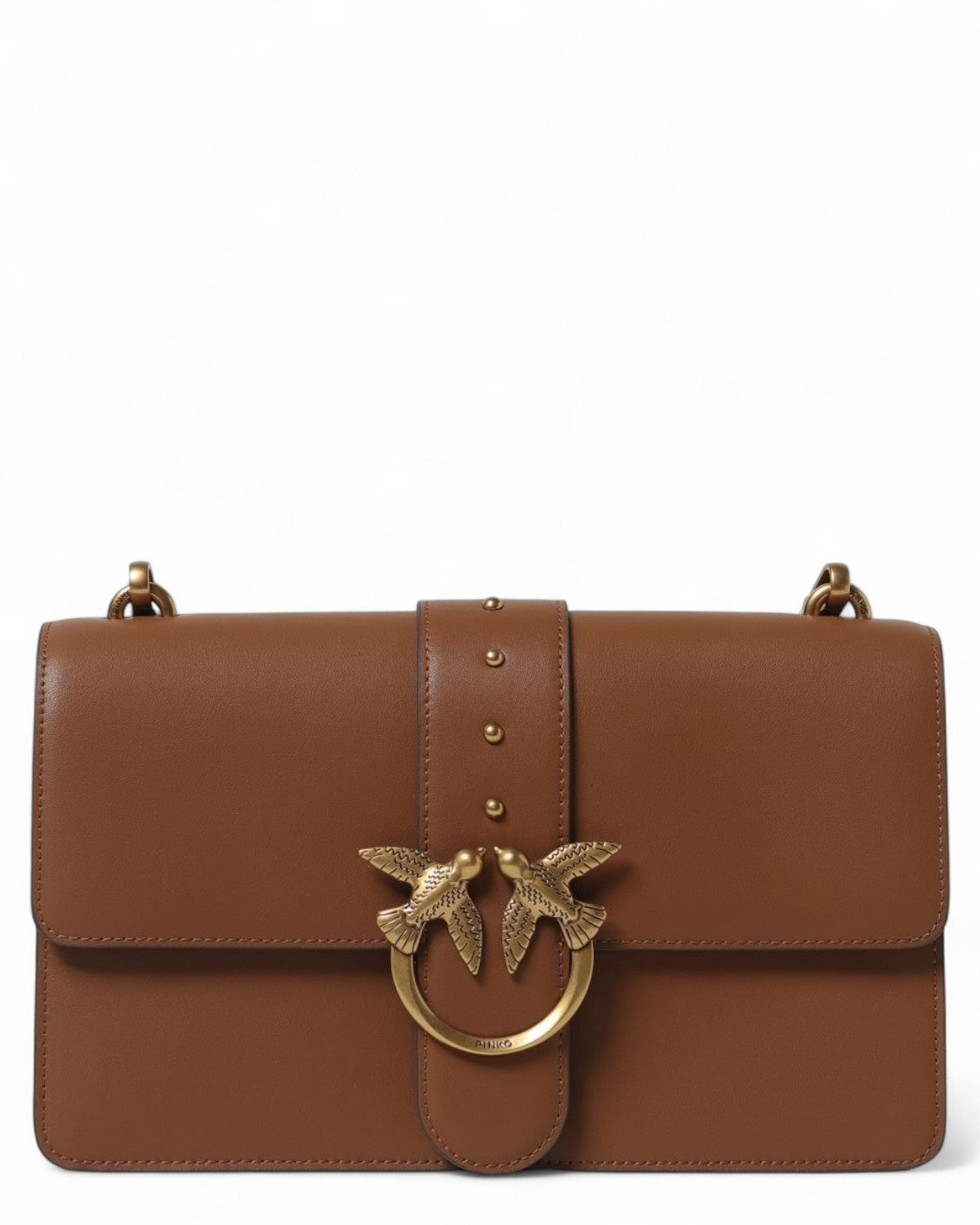 Borsa Love Bag Simply pelle marrone con fibbia Love Birds dorata e chiusura elegante. Design raffinato per borse a spalla da donna FW26.