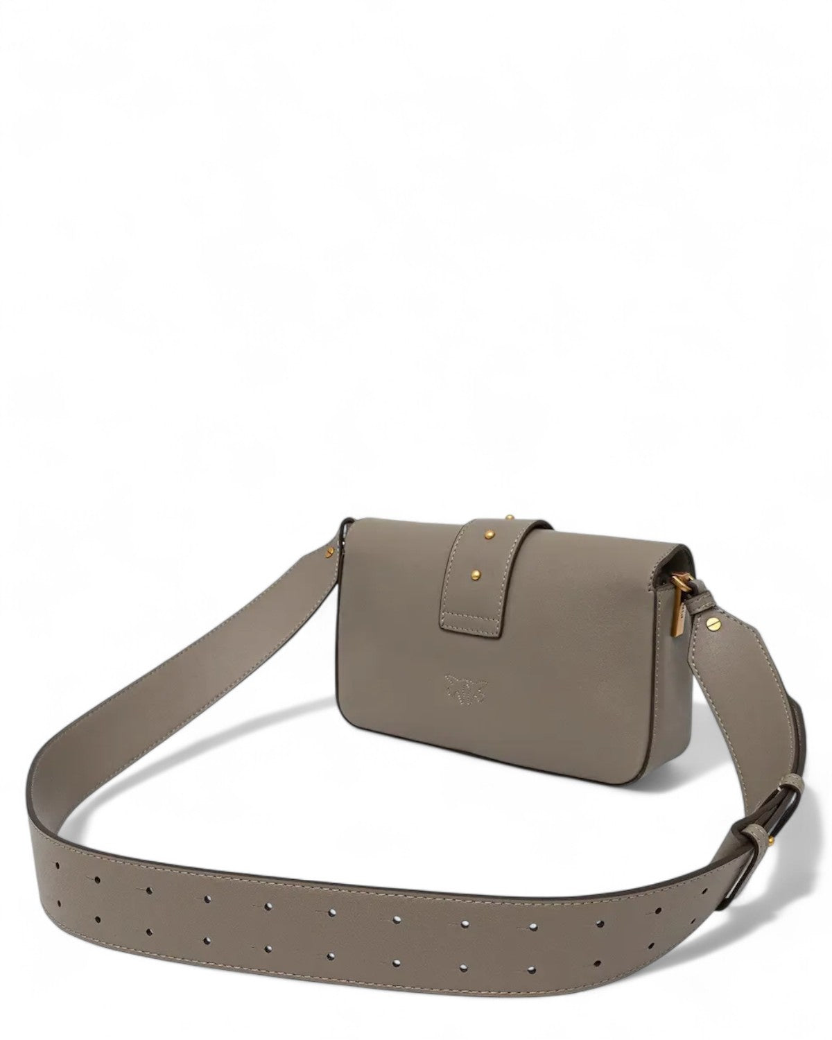 Retro della Mini Love Bag Slouchy Pelle PINKO con tracolla larga forata e finiture dorate. Design minimal e sofisticato per ogni occasione.