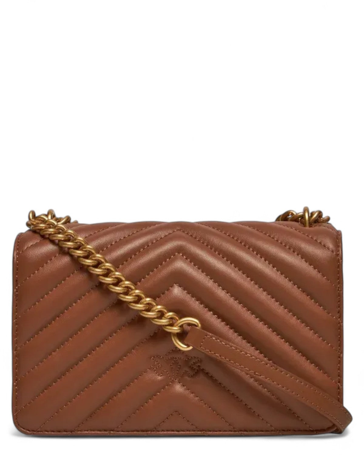 Retro della Mini Love Bag Chevron in nappa trapuntata marrone con motivo a V e tracolla regolabile, borsa a spalla perfetta per ogni occasione.