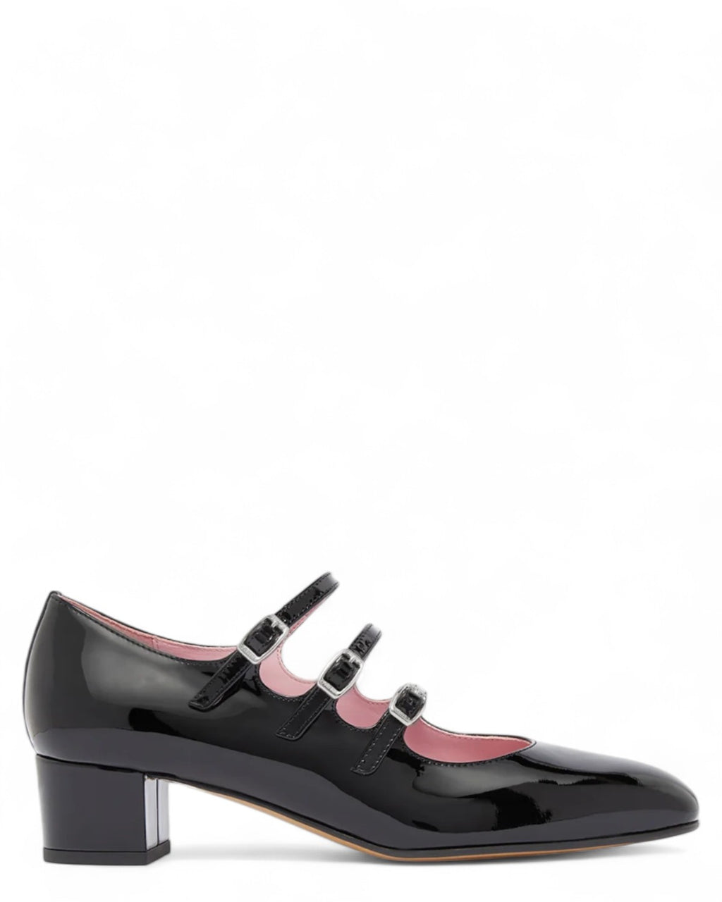 Carel Kina Mary Janes in vernice nera con triplo cinturino e tacco 4 cm, profilo laterale elegante per look invernali da donna.