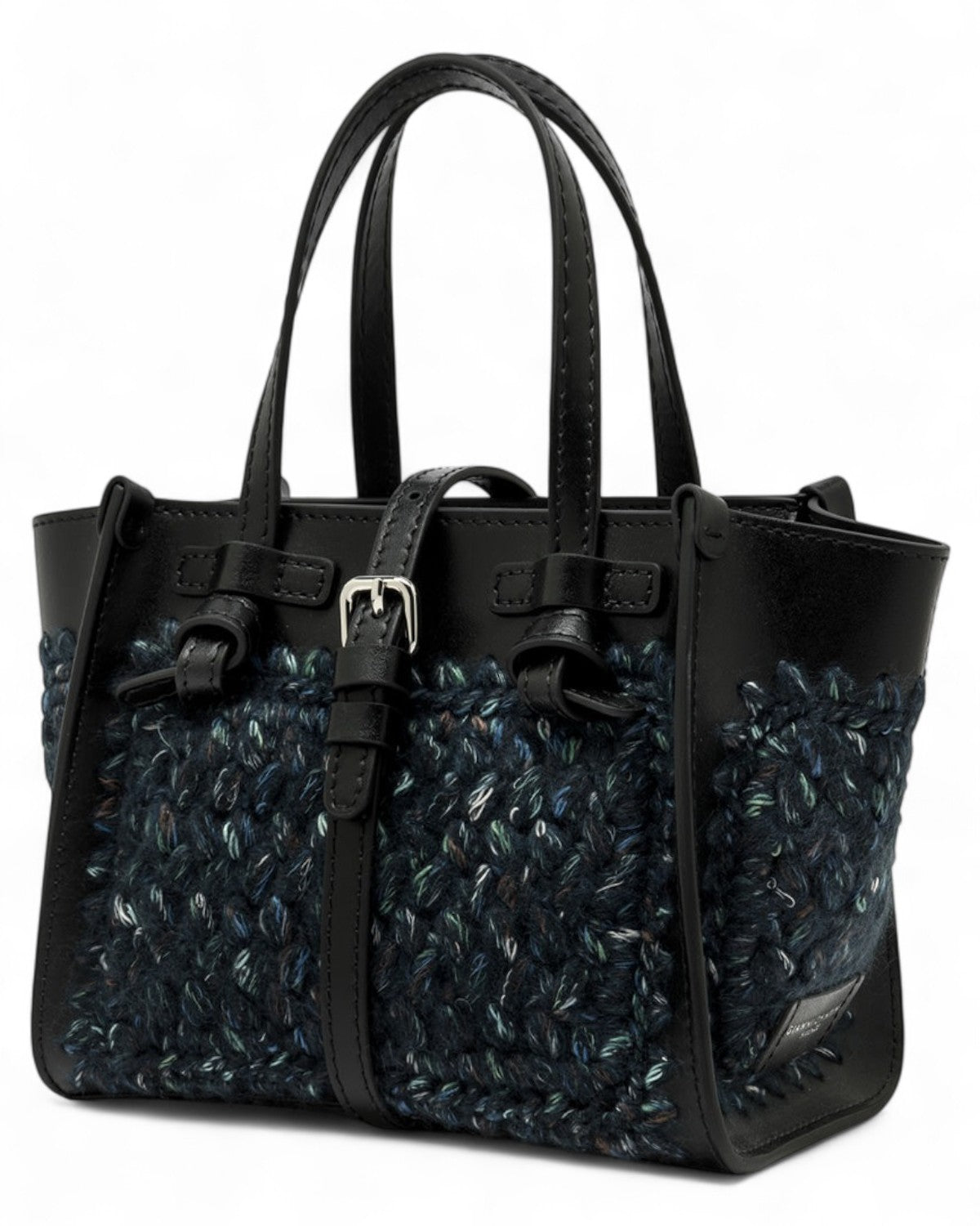 Borsa a spalla Miss Marcella Gianni Chiarini in lana intrecciata blu e nera con dettagli in pelle e fibbia centrale decorativa.