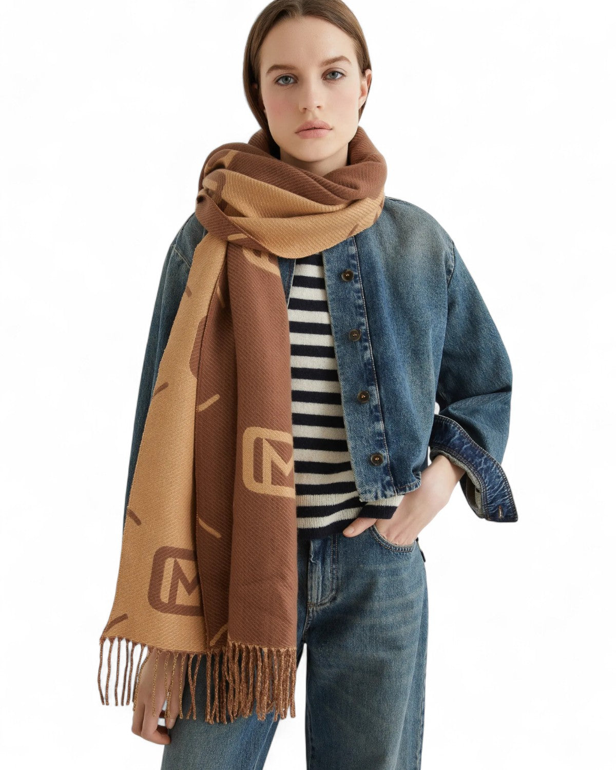 Sciarpa double face in jacquard con logo e frange-Marella-Sciarpe & stole-Vittorio Citro Boutique