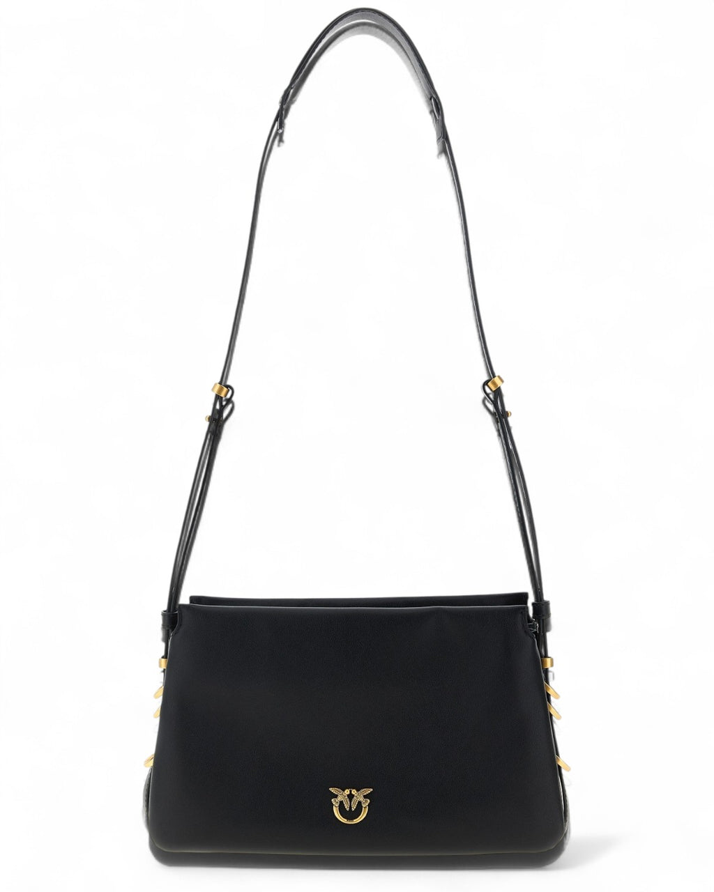 Borsa Tracolla Pelle Vitello Triplet Mini Compatta nera con logo metallico frontale e tracolla regolabile, design elegante a tre scomparti.