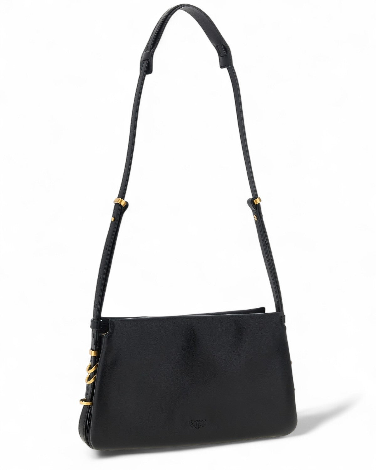 Retro della Borsa Tracolla Pelle Vitello Triplet Mini Compatta nera, con dettagli dorati laterali e tracolla regolabile per uso quotidiano.