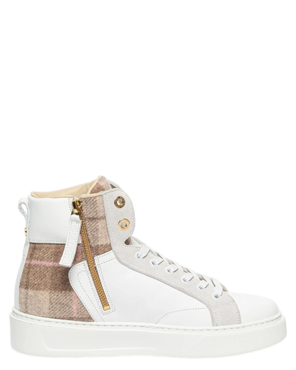 Women's High Top Sneakers in White Leather and Beige Fabric with Side Zip