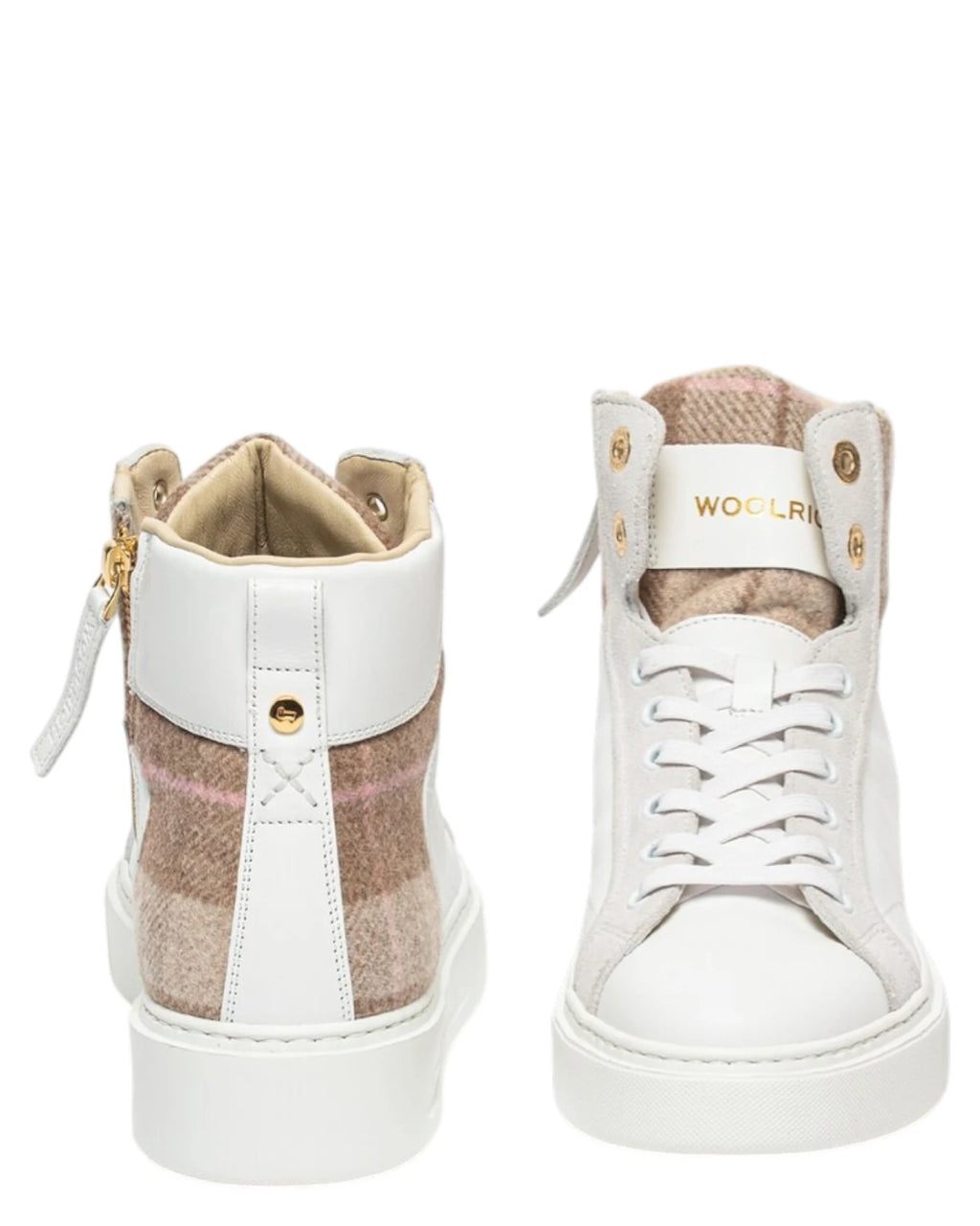 Women's High Top Sneakers in White Leather and Beige Fabric with Side Zip