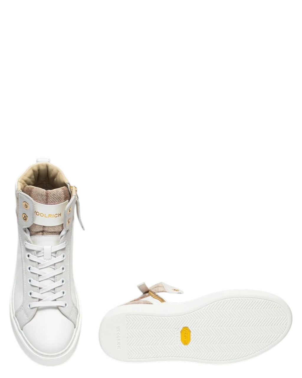 Women's High Top Sneakers in White Leather and Beige Fabric with Side Zip