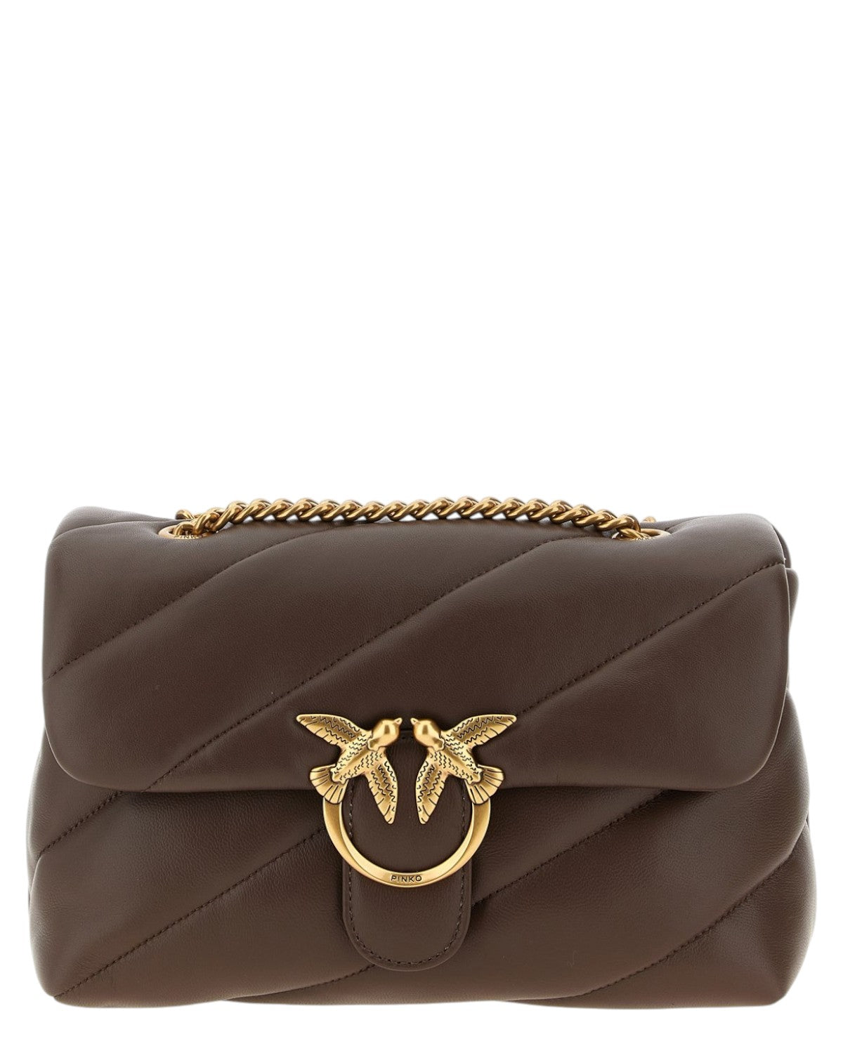 Borsa Love Puff Nappa Trapuntata con Catena marrone con chiusura a doppia rondine dorata e tracolla a catena, perfetta per look invernali eleganti.