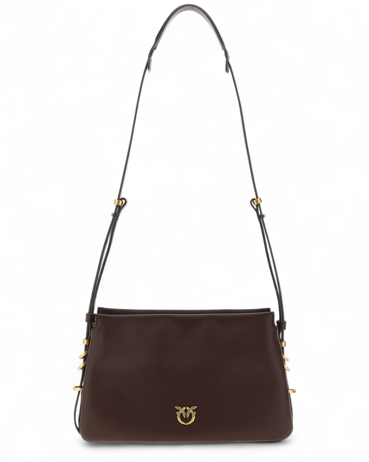 Borsa Tracolla Pelle Vitello Triplet Mini marrone con logo metallico dorato e tracolla regolabile, perfetta per look eleganti invernali.