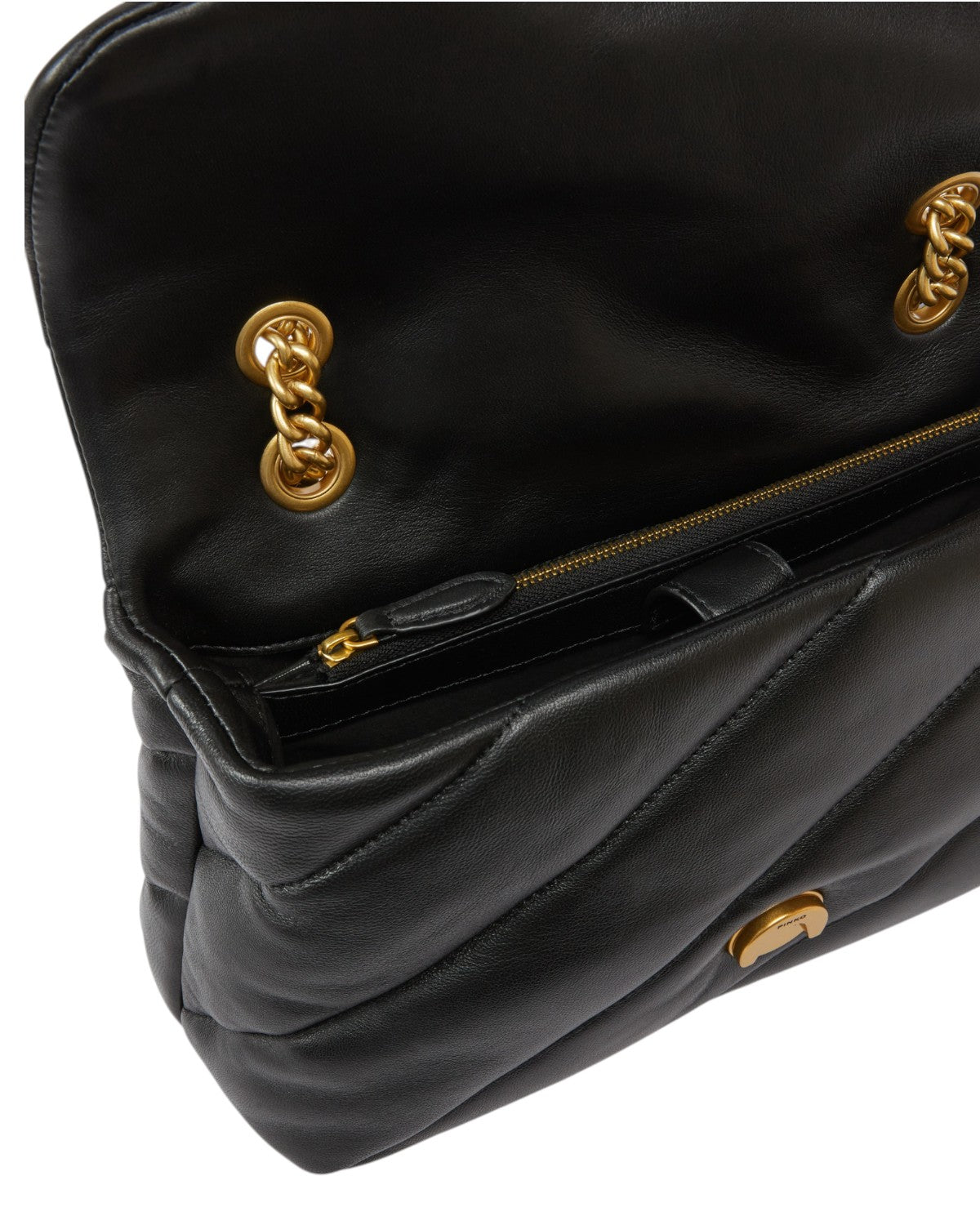 Interno capiente della Borsa Love Puff con tasca zip e chiusura a catena dorata. Perfetta per l'inverno FW26 e uso quotidiano.