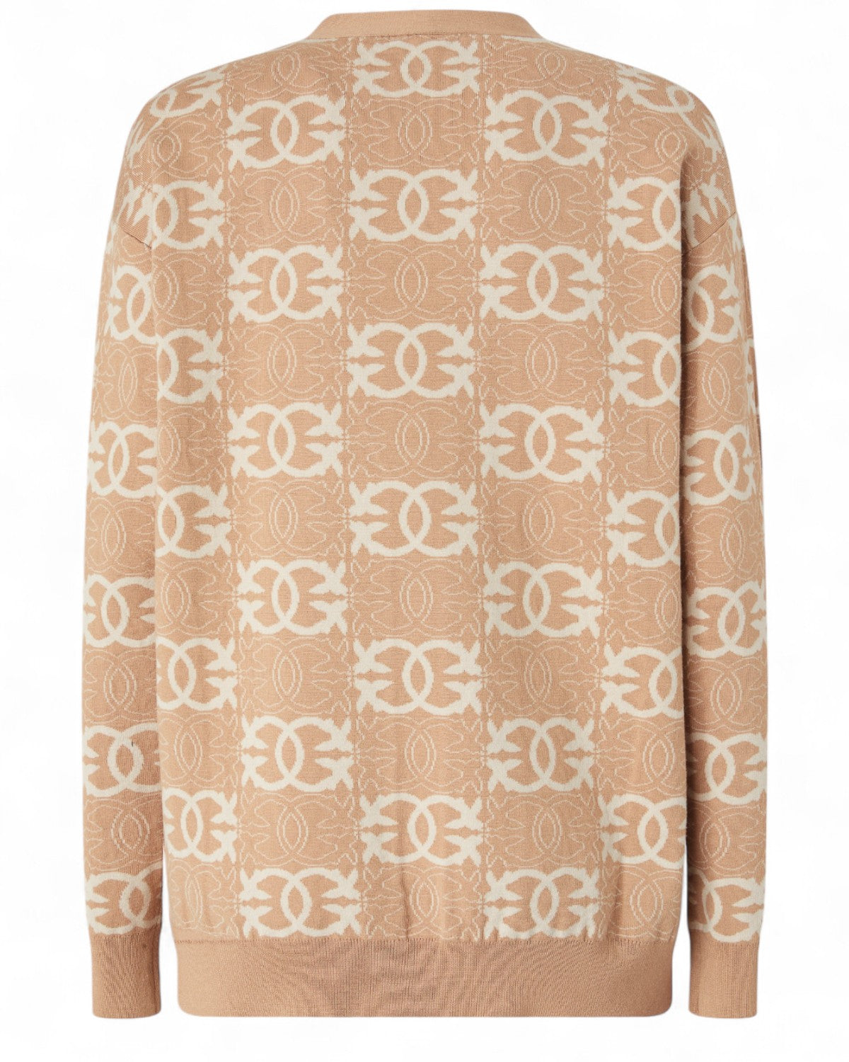 Retro del cardigan oversize Pinko con motivo jacquard Love Birds beige e crema, taglio ampio e finiture in maglia a costine.