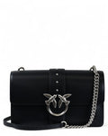 Borsa Pelle Love Birds PINKO Love Bag One Simply nera con catena argentata e fibbia decorativa a rondini, perfetta per look eleganti.