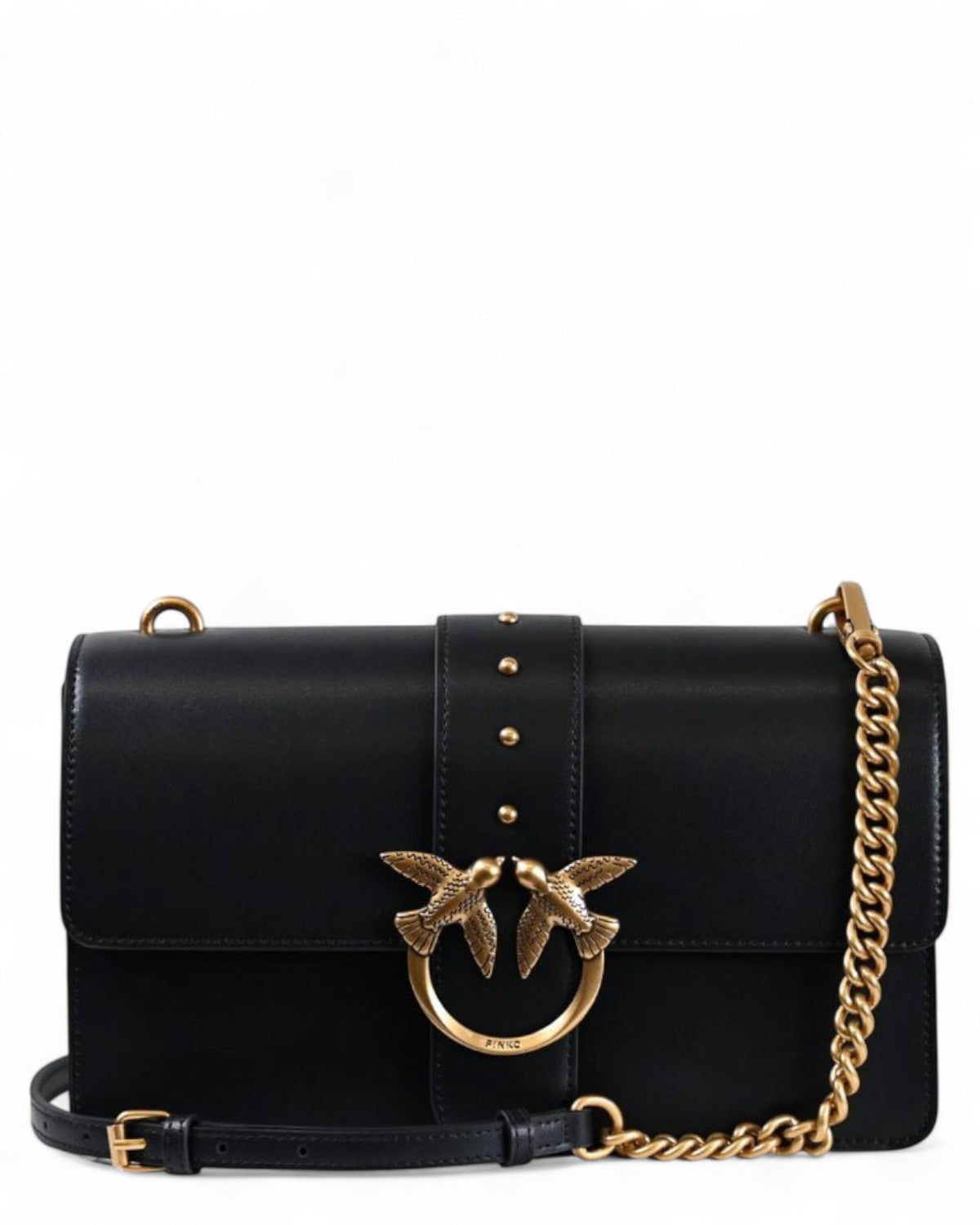 Borsa Love Bag One Simply in pelle nera con fibbia dorata Love Birds e tracolla a catena, perfetta per look eleganti invernali.