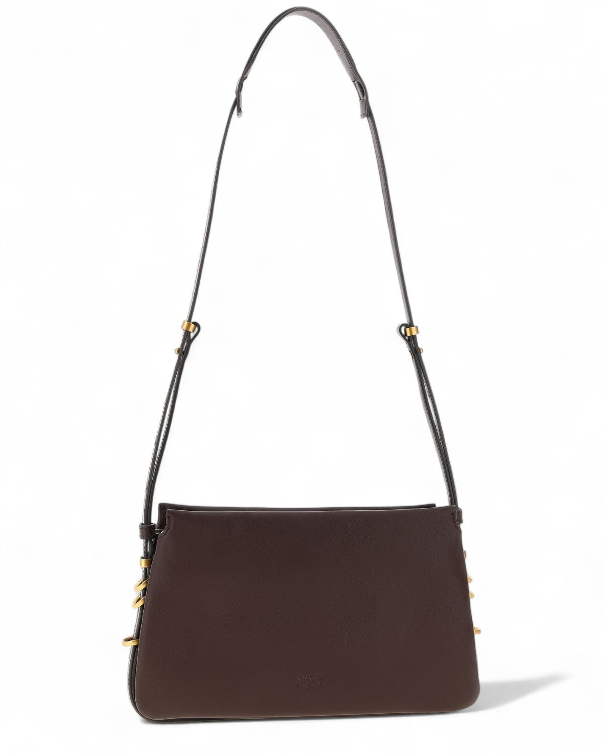 Retro della Borsa Tracolla Pelle Vitello Triplet Mini in pelle liscia marrone, design a tre soffietti e dettagli dorati raffinati.