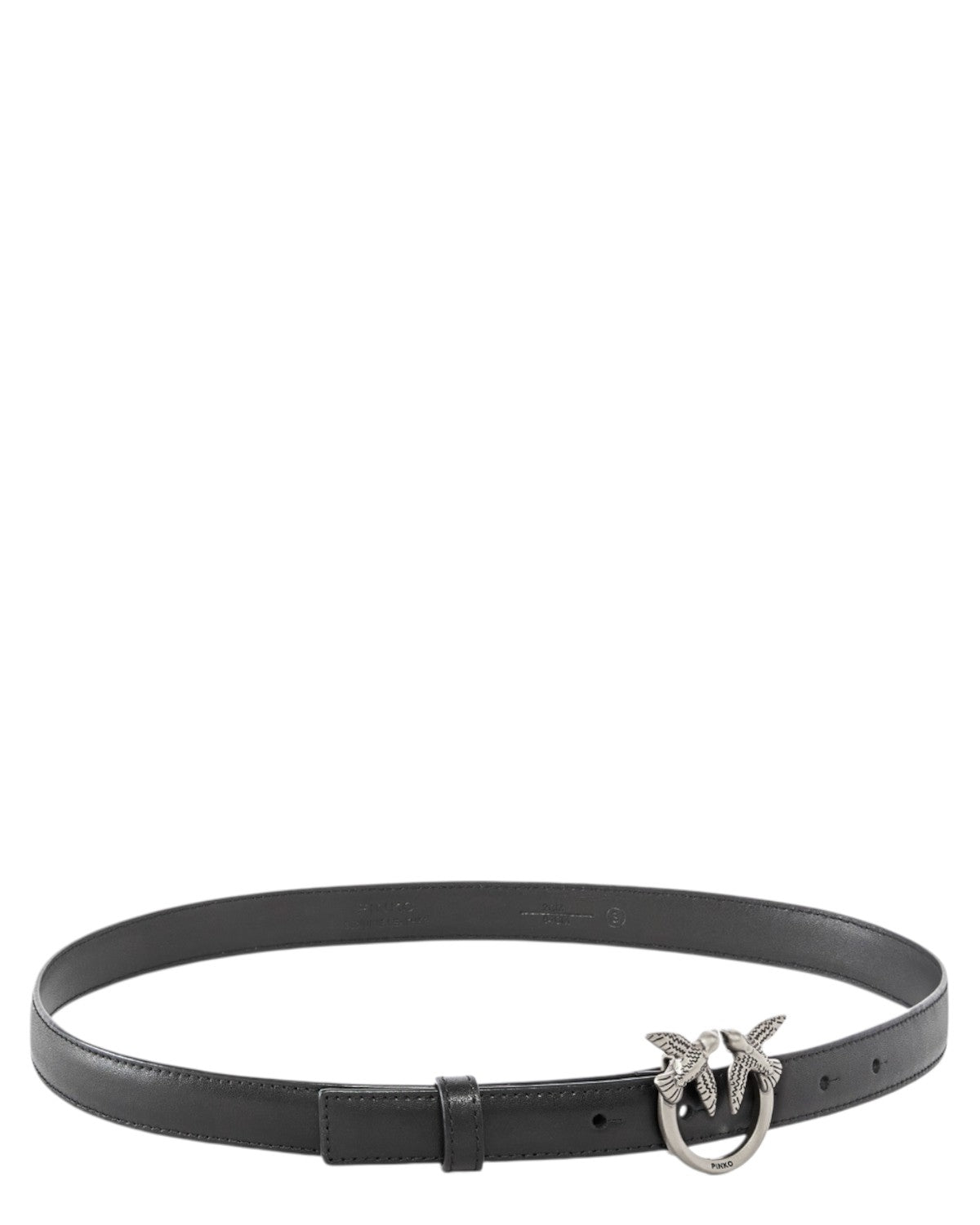 Cintura sottile in pelle nera PINKO con fibbia Love Birds H2, ideale per valorizzare outfit femminili con stile e lusso.