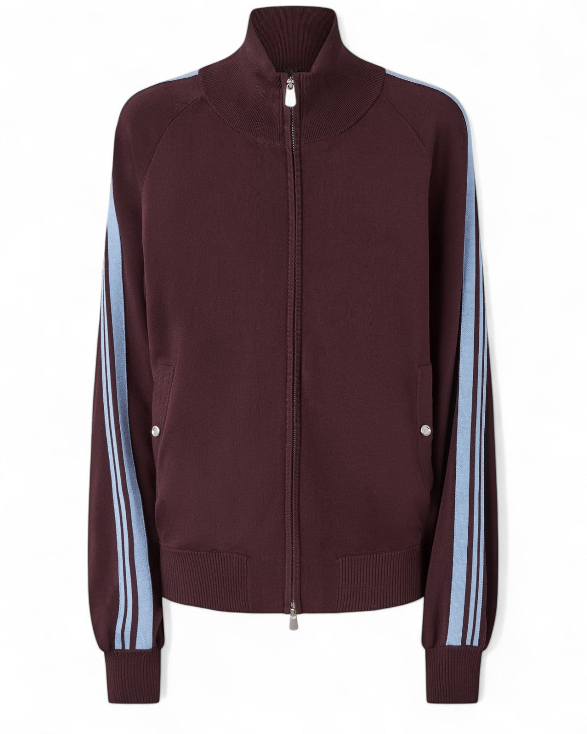 Felpa con zip Pinko color vinaccia con bande laterali azzurre e maxi logo Love Birds tono su tono sul retro. Stile sporty-chic per l'inverno FW26.