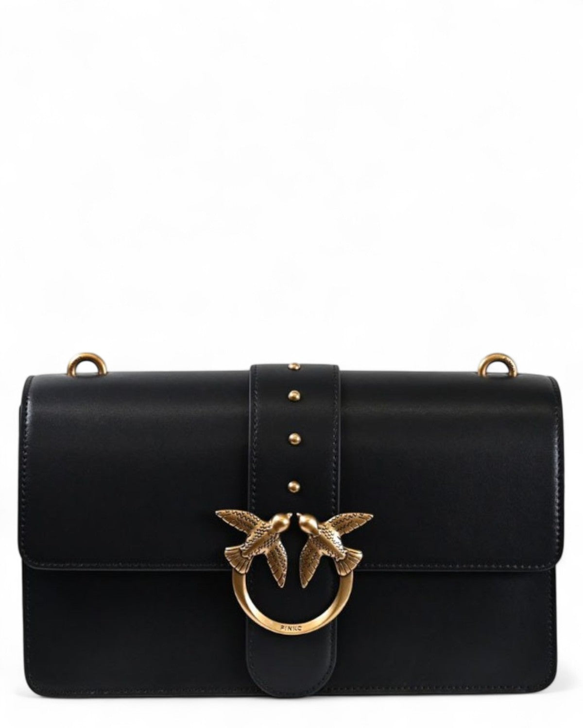 Borsa Love Bag One Simply in pelle nera con fibbia decorativa Love Birds e finiture dorate, must-have tra le borse a spalla donna.