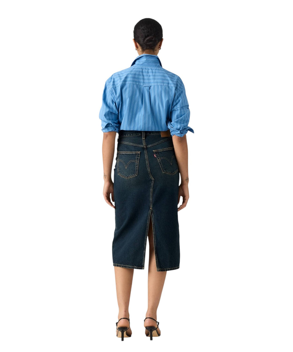 Midi denimnederdel med frontslids og dekonstrueret design