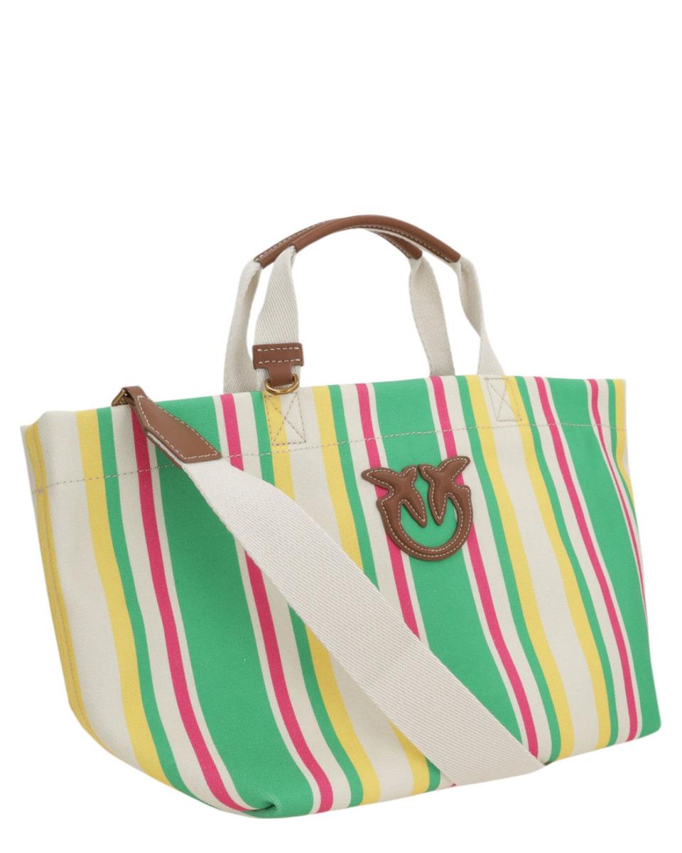 Shopper Media in Tela a Righe con Manici in Pelle e Logo Love Birds-Pinko-Borse a mano-Vittorio Citro Boutique