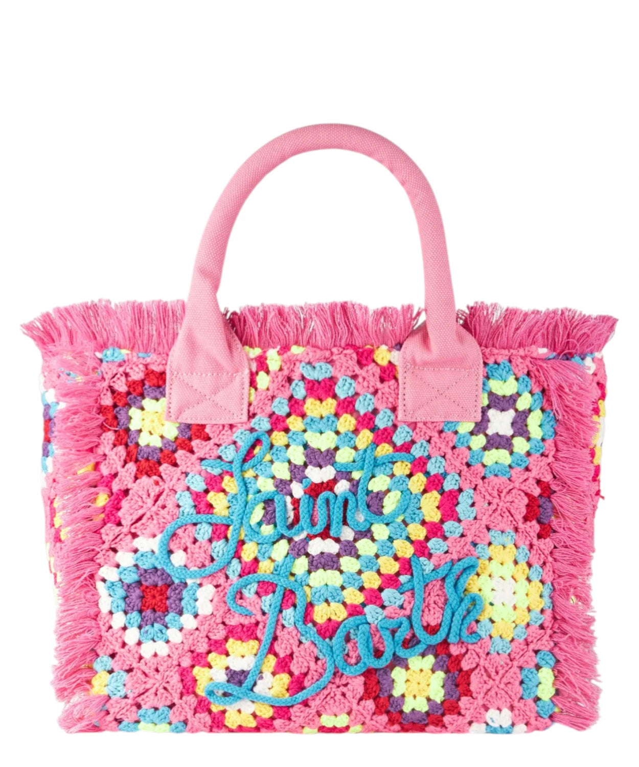 Borsa a spalla Vanity all’uncinetto rosa con fantasia multicolore e frange-Mc2 Saint Barth-Borse a mano-Vittorio Citro Boutique
