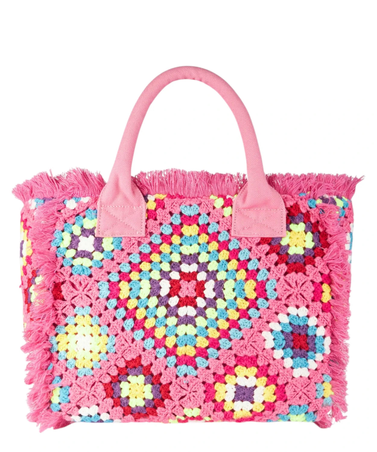 Borsa a spalla Vanity all’uncinetto rosa con fantasia multicolore e frange-Mc2 Saint Barth-Borse a mano-Vittorio Citro Boutique